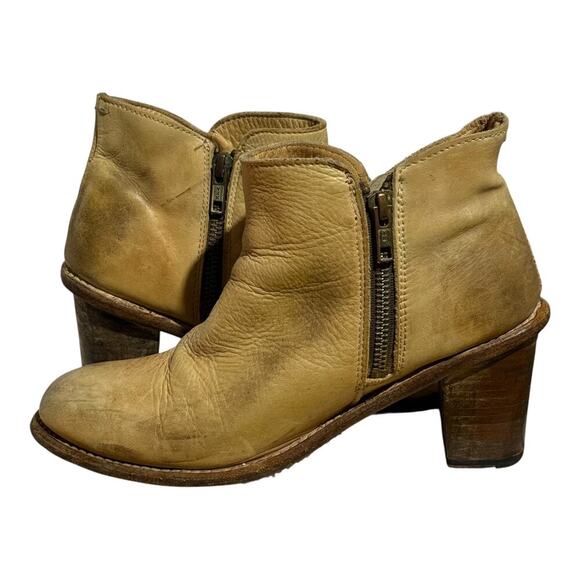 Bed|Stu Tan Leather Heeled Booties Women's 8.5 M Rustic Block Heel Distressed - Picture 6 of 8